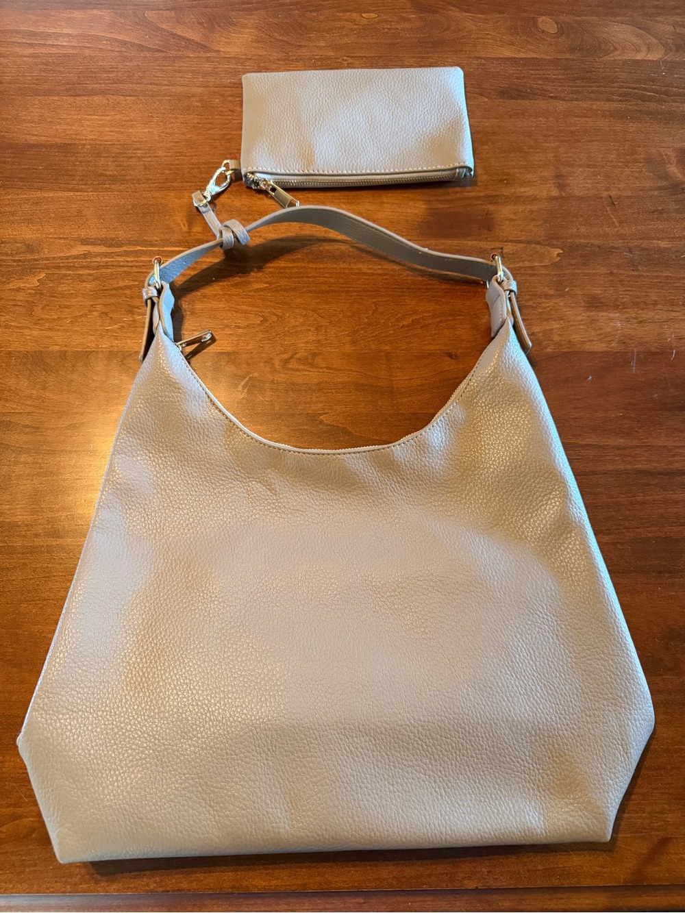 Isabelle Pebbled Hobo Shoulder Bag w/ Gold Hardware & Wristlet - Beige